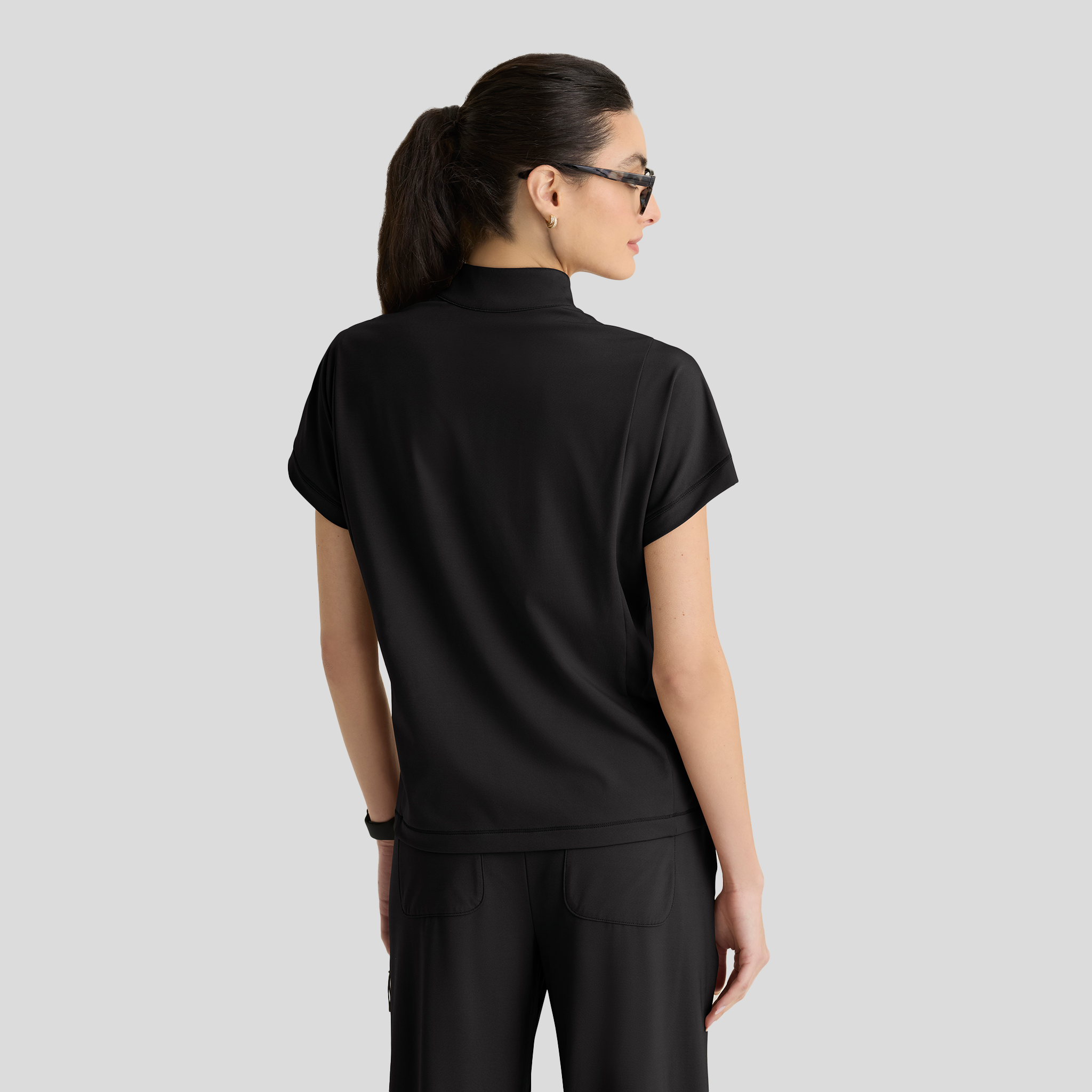 Crystal 3-Pocket Mock Neck Zip-Placket Top | Black